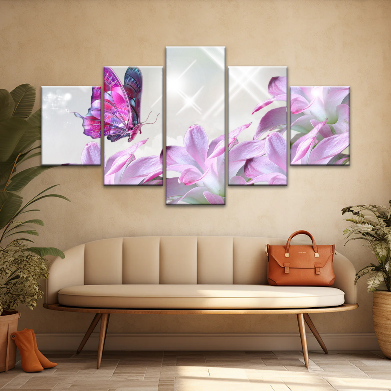 Purple Butterfly On Pink-purple Petaled Flower Butterfly Wall Art