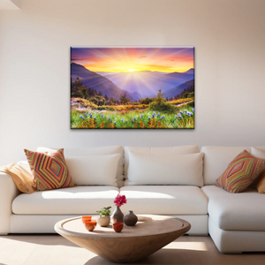 Purple Petaled Flower Field Under The Golden Sunshine Wall Art Decoration