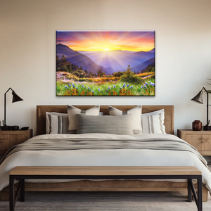 Purple Petaled Flower Field Under The Golden Sunshine Wall Art Decoration