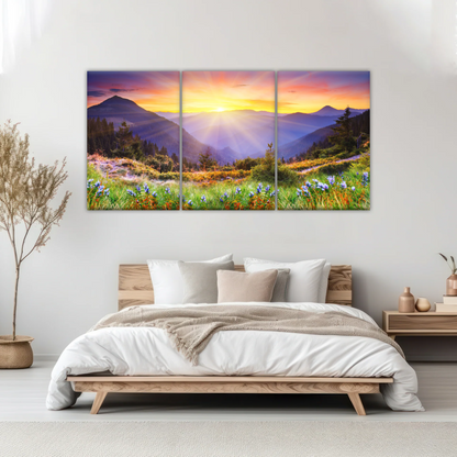 Purple Petaled Flower Field Under The Golden Sunshine Wall Art Decoration