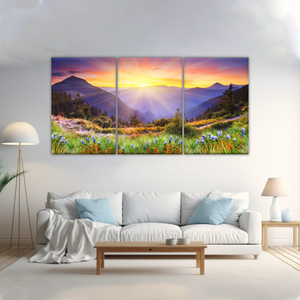 Purple Petaled Flower Field Under The Golden Sunshine Wall Art Decoration