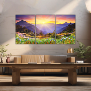 Purple Petaled Flower Field Under The Golden Sunshine Wall Art Decoration