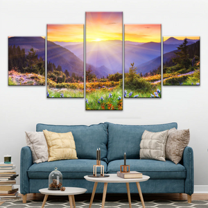 Purple Petaled Flower Field Under The Golden Sunshine Wall Art Decoration