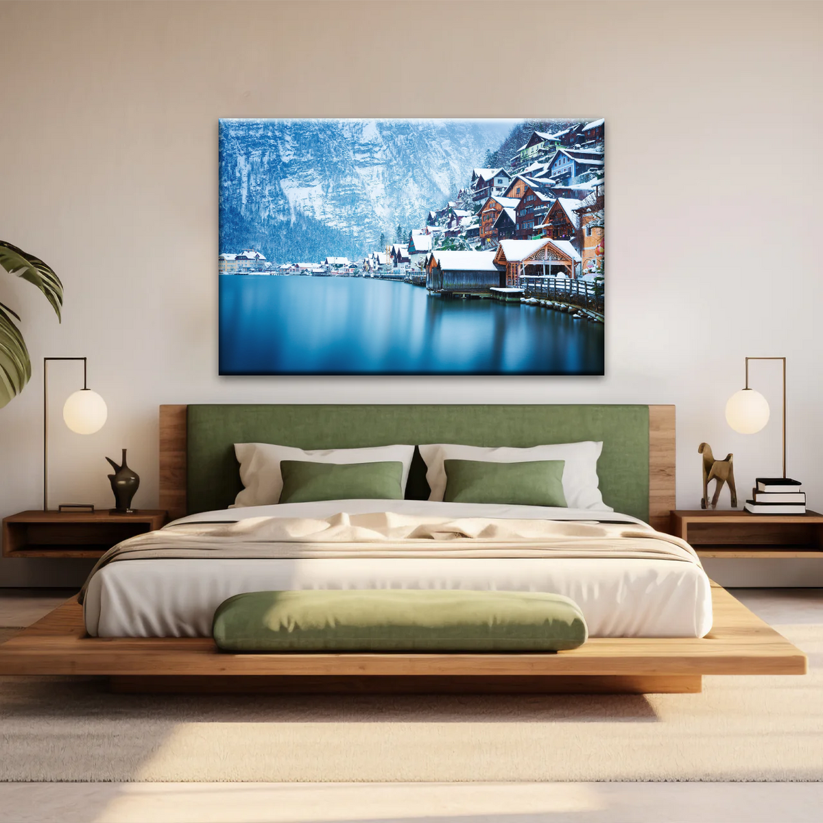 Riverside Village Under The Snow-Capped Mountains Wall Art - Personalised Canvas Art