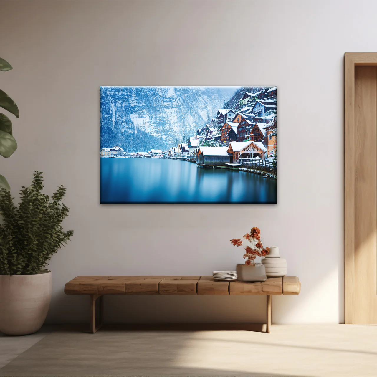 Riverside Village Under The Snow-Capped Mountains Wall Art