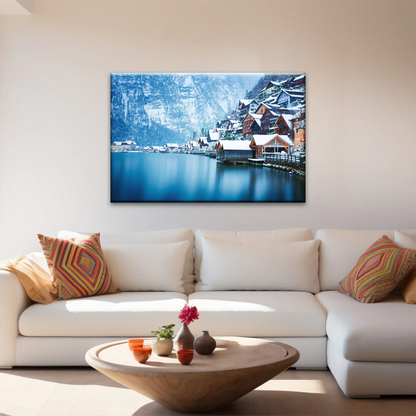 Riverside Village Under The Snow-Capped Mountains Wall Art