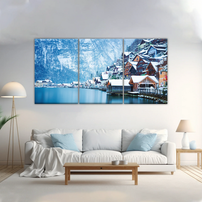 Riverside Village Under The Snow-Capped Mountains Wall Art