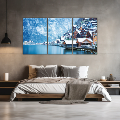 Riverside Village Under The Snow-Capped Mountains Wall Art