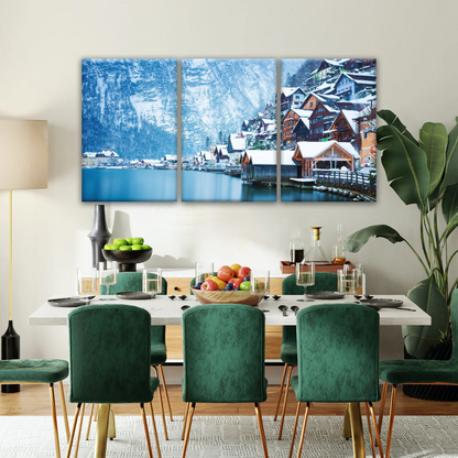 Riverside Village Under The Snow-Capped Mountains Wall Art