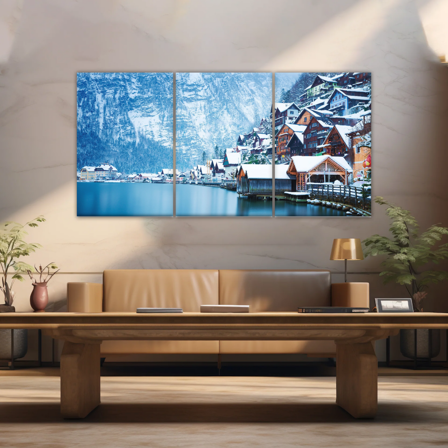 Riverside Village Under The Snow-Capped Mountains Wall Art