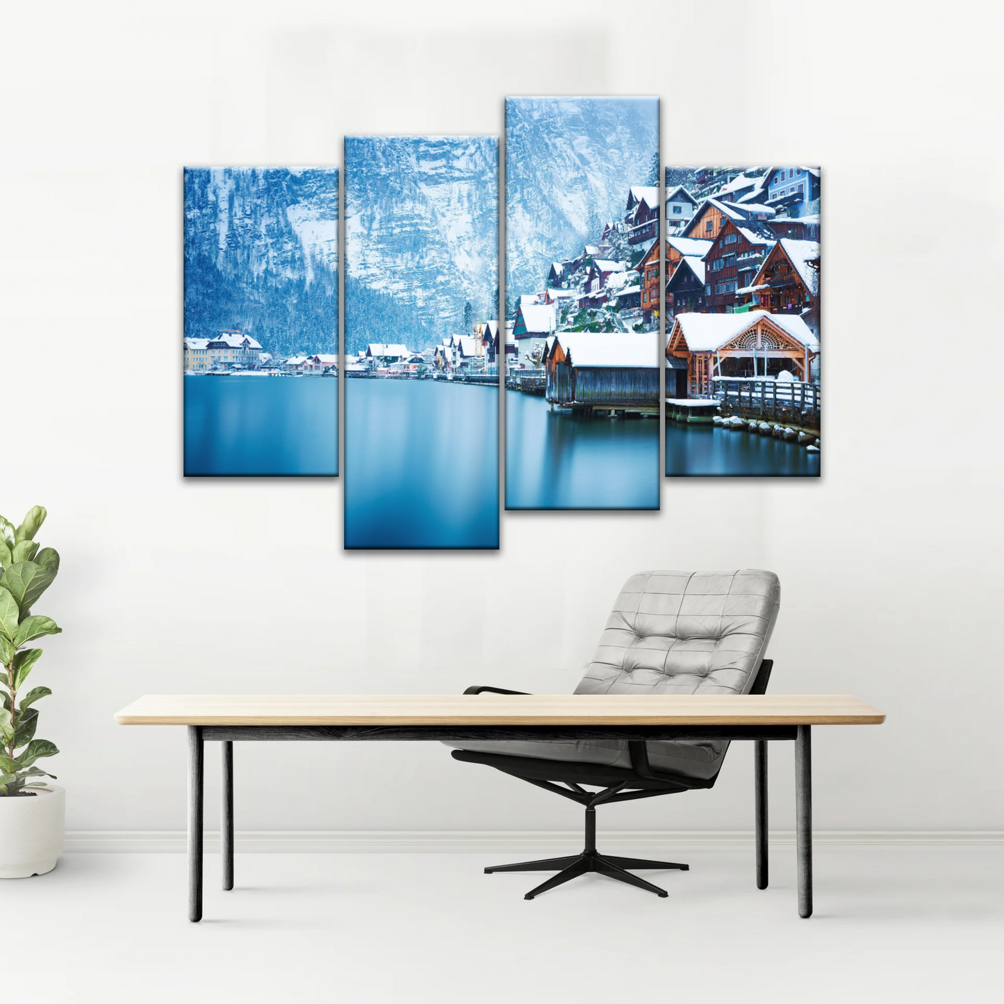 Riverside Village Under The Snow-Capped Mountains Wall Art