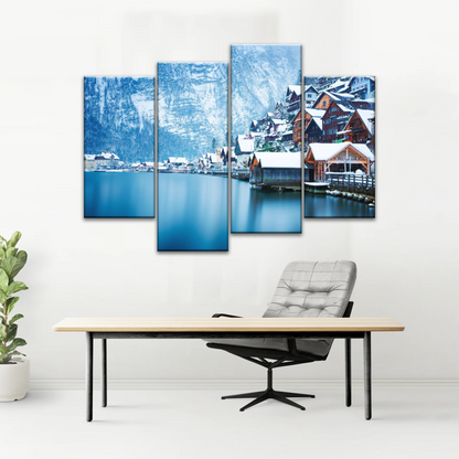 Riverside Village Under The Snow-Capped Mountains Wall Art