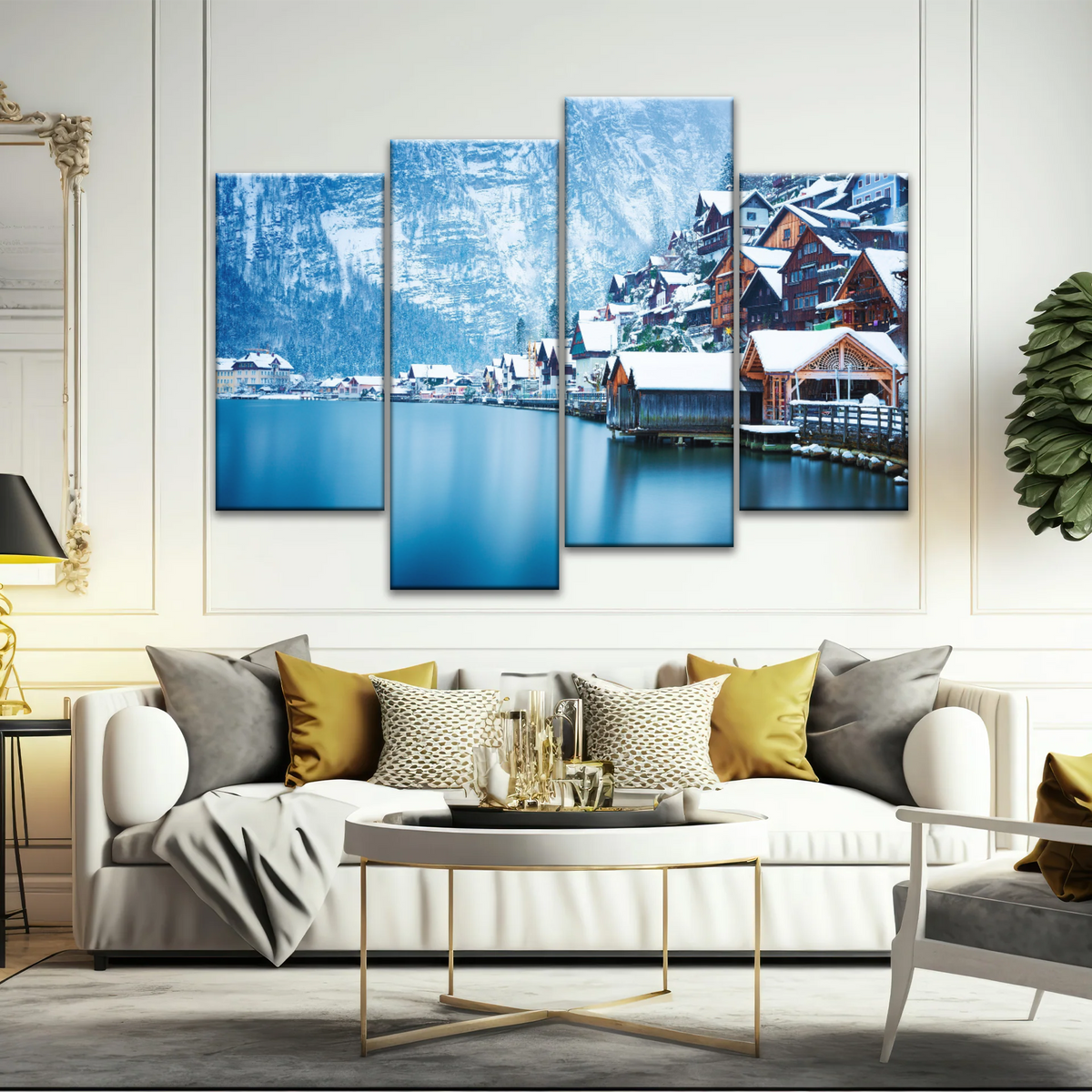 Riverside Village Under The Snow-Capped Mountains Wall Art - Personalised Canvas Art