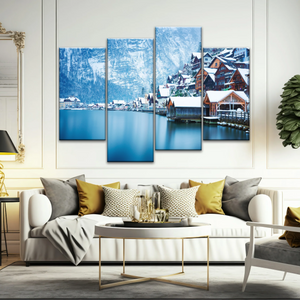 Riverside Village Under The Snow-Capped Mountains Wall Art