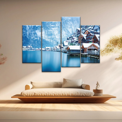 Riverside Village Under The Snow-Capped Mountains Wall Art