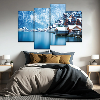 Riverside Village Under The Snow-Capped Mountains Wall Art