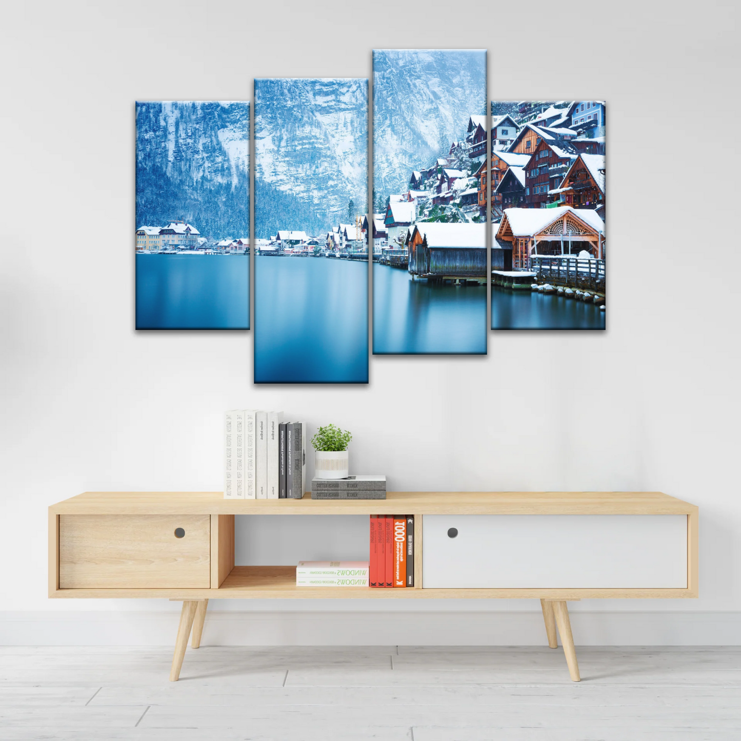 Riverside Village Under The Snow-Capped Mountains Wall Art