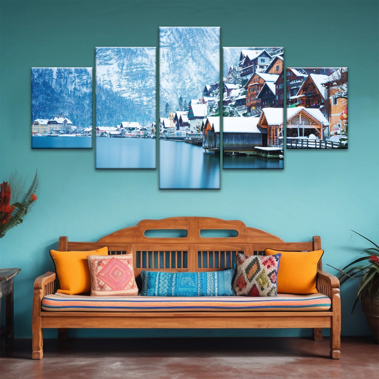 Riverside Village Under The Snow-Capped Mountains Wall Art