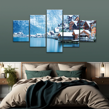 Riverside Village Under The Snow-Capped Mountains Wall Art