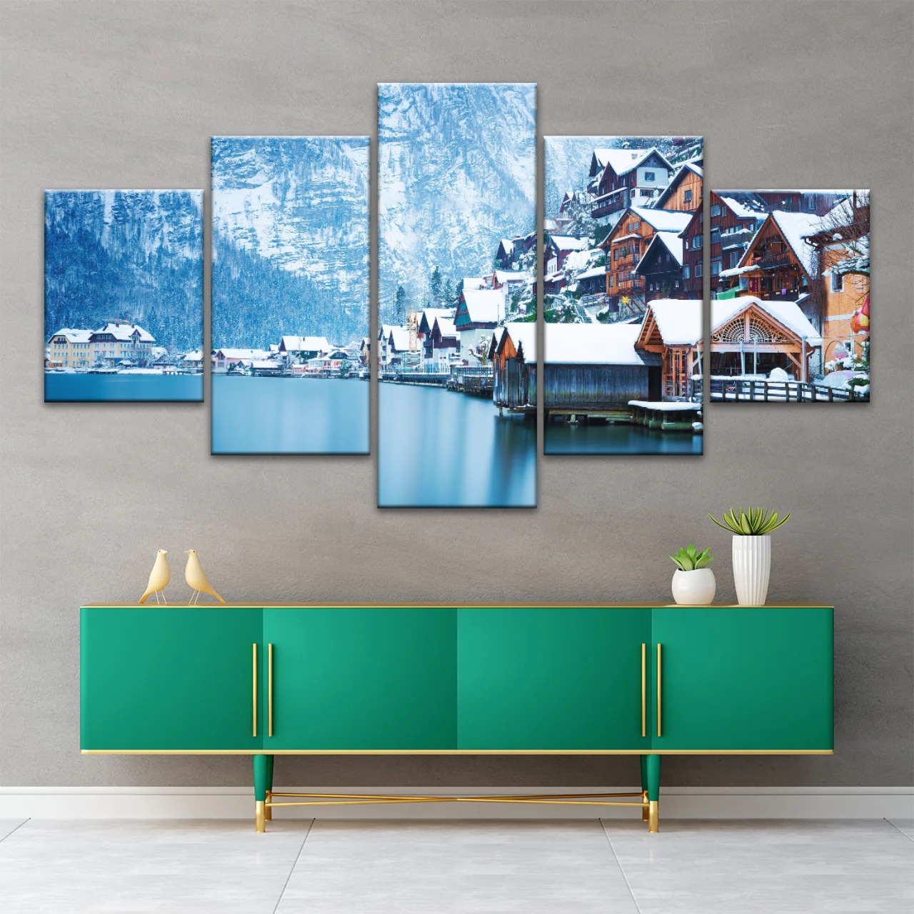Riverside Village Under The Snow-Capped Mountains Wall Art