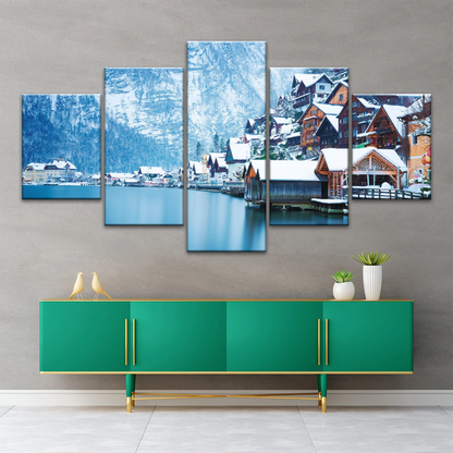 Riverside Village Under The Snow-Capped Mountains Wall Art