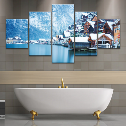 Riverside Village Under The Snow-Capped Mountains Wall Art