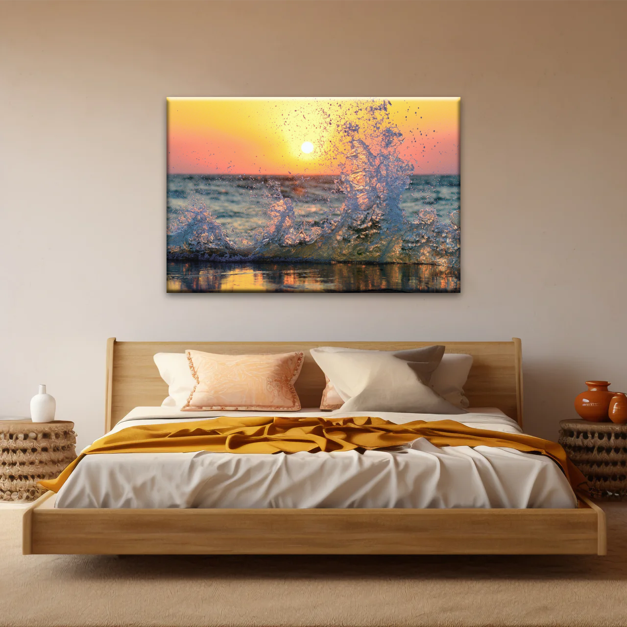 Sea Waves Splashing at Sunset Canvas Photo Prints