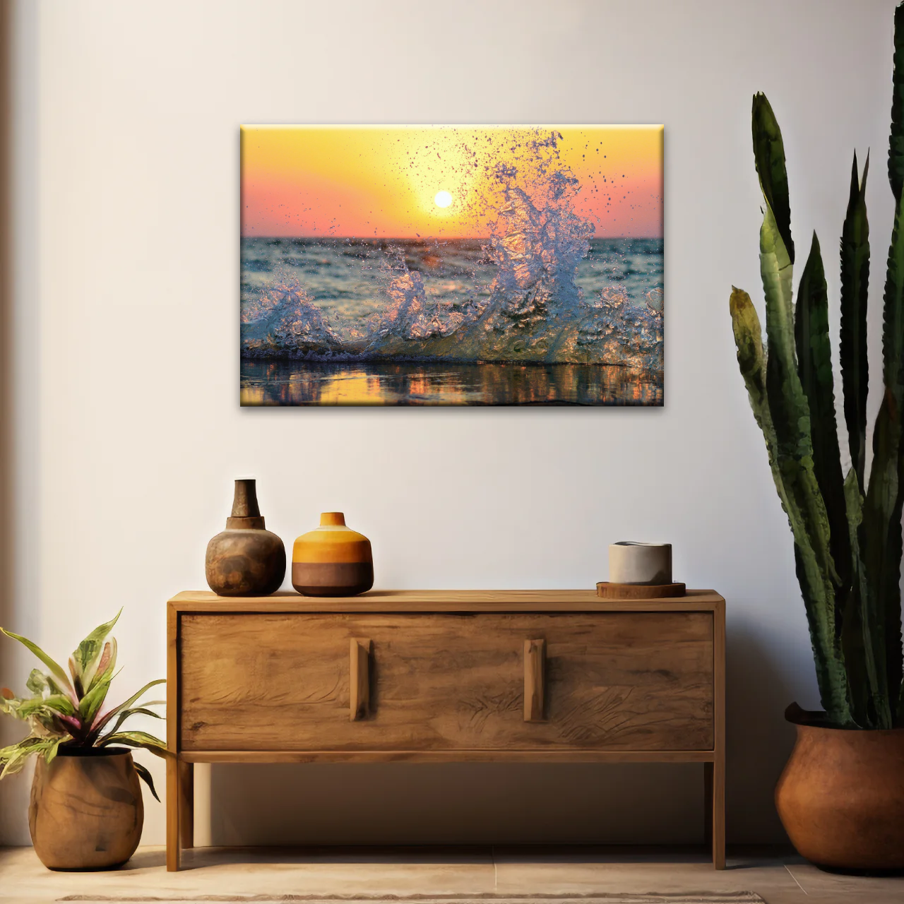 Sea Waves Splashing at Sunset Canvas Photo Prints