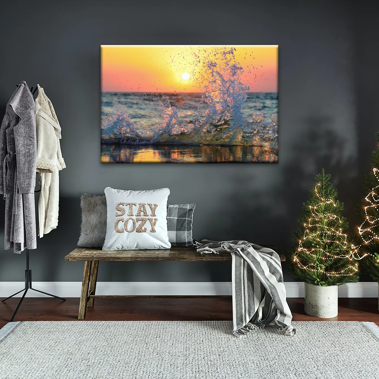 Sea Waves Splashing at Sunset Canvas Photo Prints