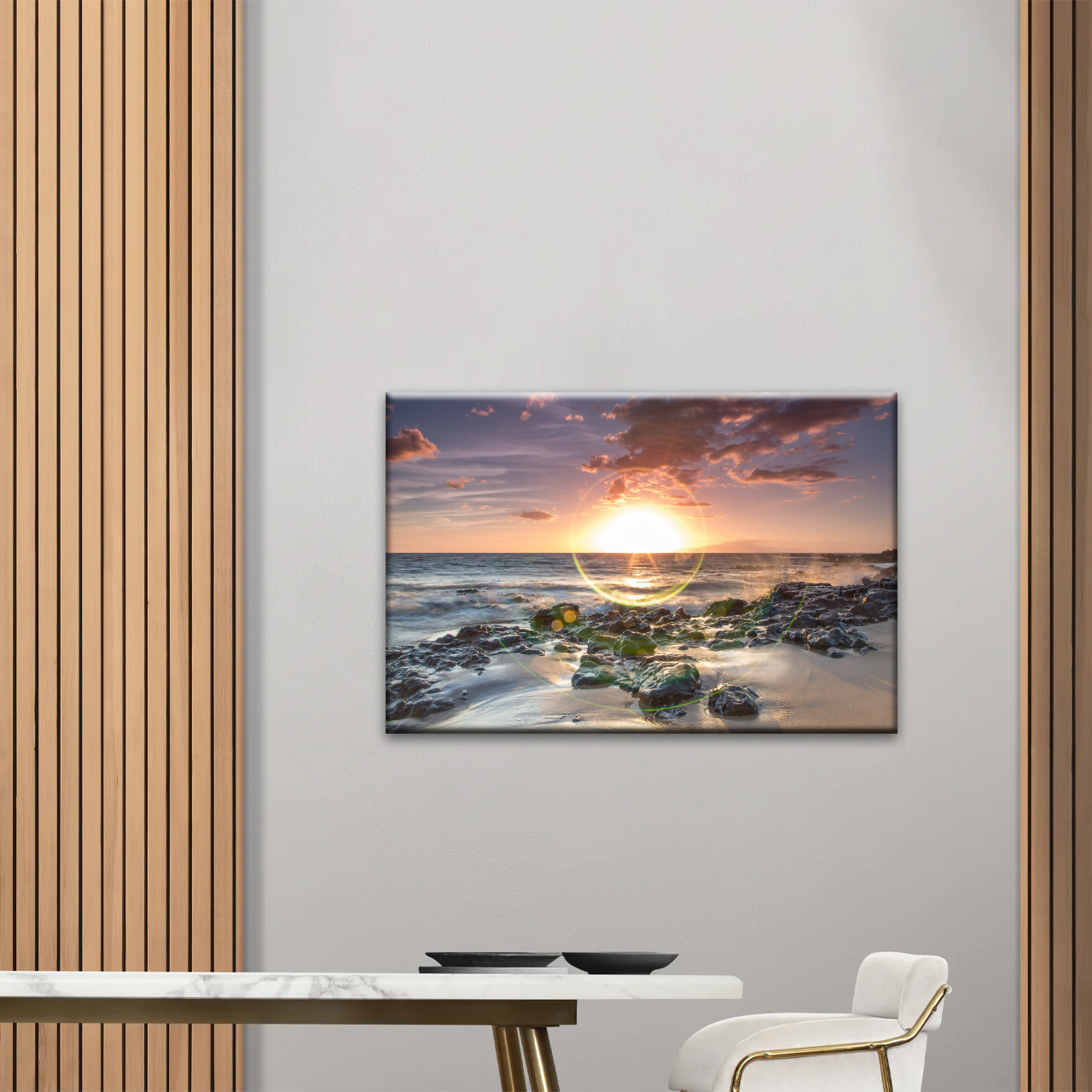 Seashore The Sun Rises From The Sea Level Photo Printing On Canvas