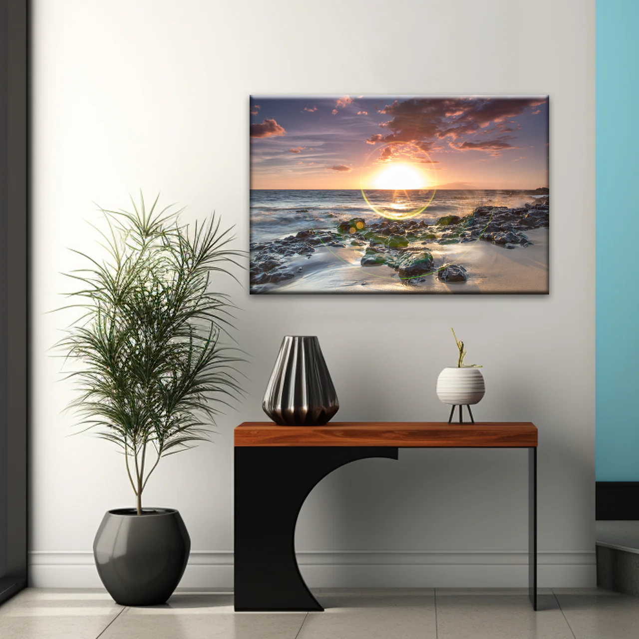 Seashore The Sun Rises From The Sea Level Photo Printing On Canvas