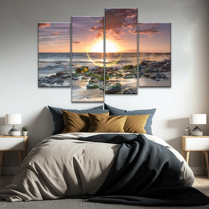 Seashore The Sun Rises From The Sea Level Photo Printing On Canvas