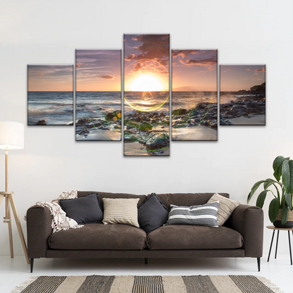 Seashore The Sun Rises From The Sea Level Photo Printing On Canvas