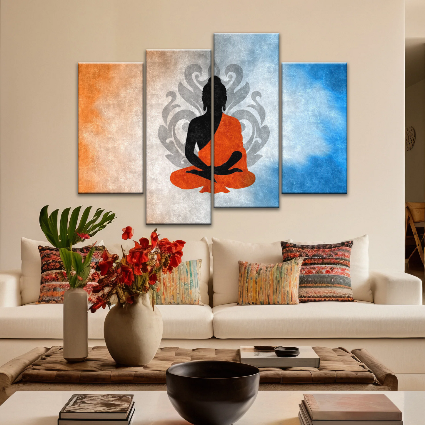 Silhouette Of Sitting Buddha Meditating With Lotus Background Canvas Photos