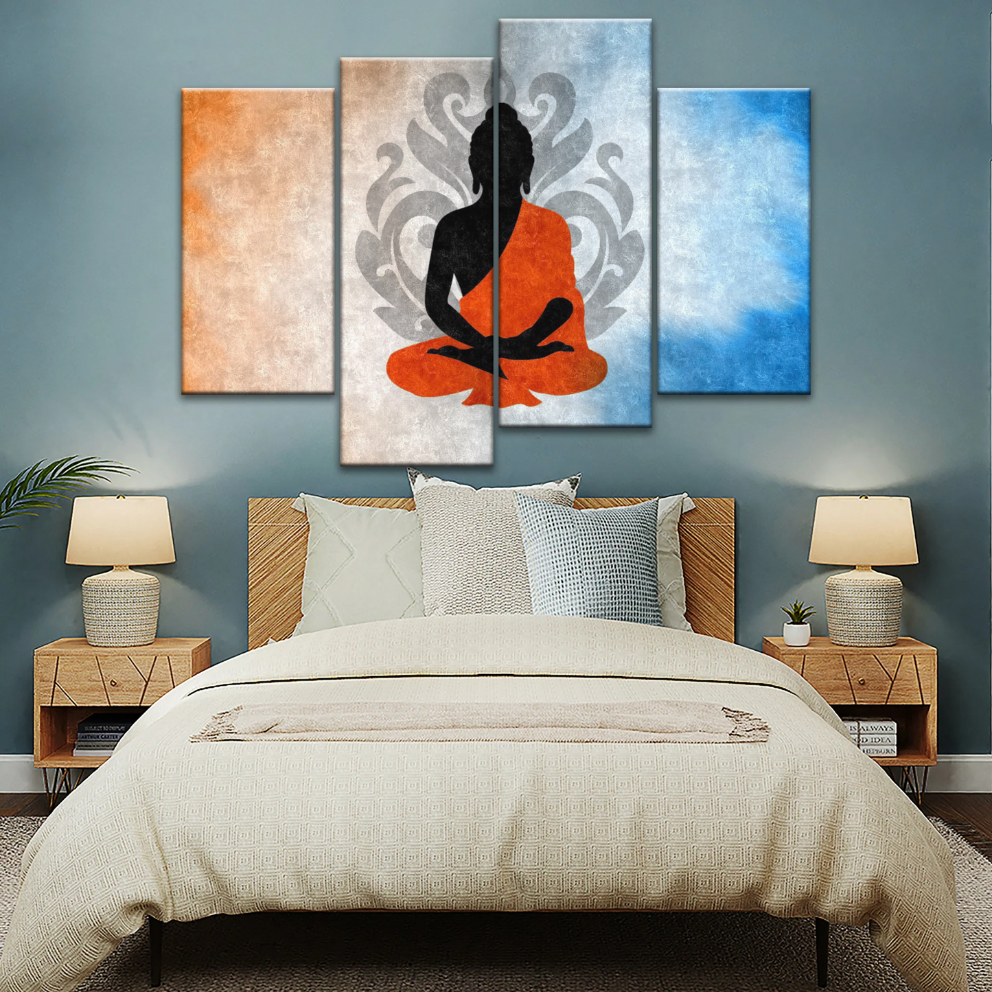 Silhouette Of Sitting Buddha Meditating With Lotus Background Canvas Photos
