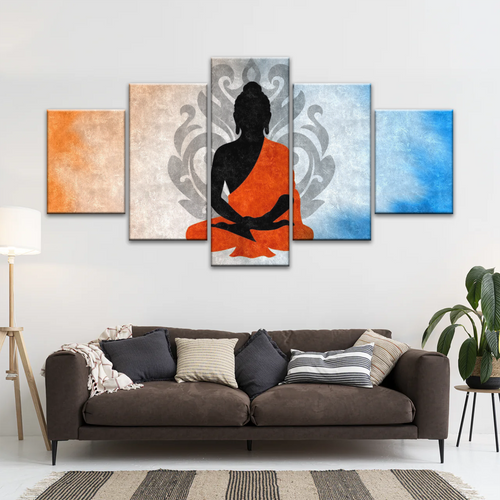 Silhouette Of Sitting Buddha Meditating With Lotus Background Canvas Photos