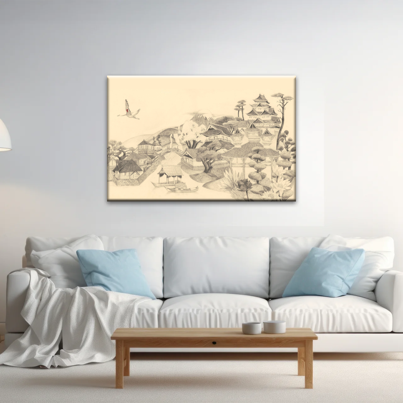 Sketch Of Houses And Pagoda With Trees Near Mountains Framed Wall Art