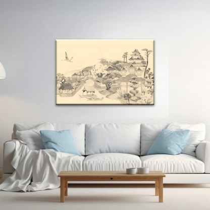 Sketch Of Houses And Pagoda With Trees Near Mountains Framed Wall Art