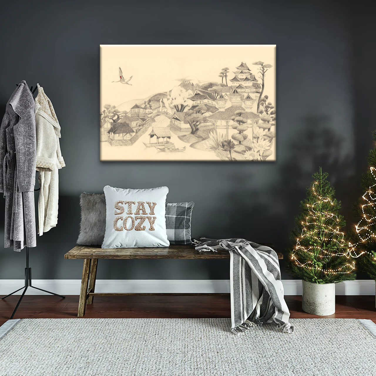 Sketch Of Houses And Pagoda With Trees Near Mountains Framed Wall Art