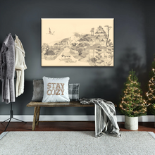 Load image into Gallery viewer, Sketch Of Houses And Pagoda With Trees Near Mountains Framed Wall Art