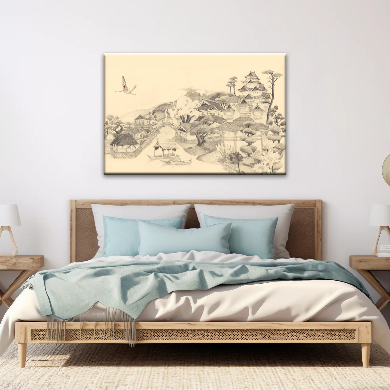 Sketch Of Houses And Pagoda With Trees Near Mountains Framed Wall Art