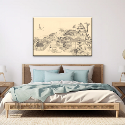 Sketch Of Houses And Pagoda With Trees Near Mountains Framed Wall Art