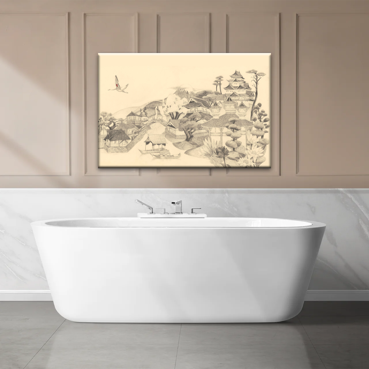 Sketch Of Houses And Pagoda With Trees Near Mountains Framed Wall Art