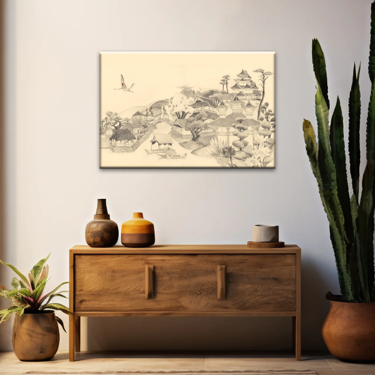 Sketch Of Houses And Pagoda With Trees Near Mountains Framed Wall Art