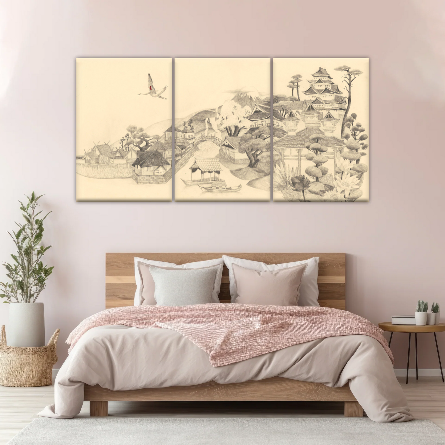 Sketch Of Houses And Pagoda With Trees Near Mountains Framed Wall Art