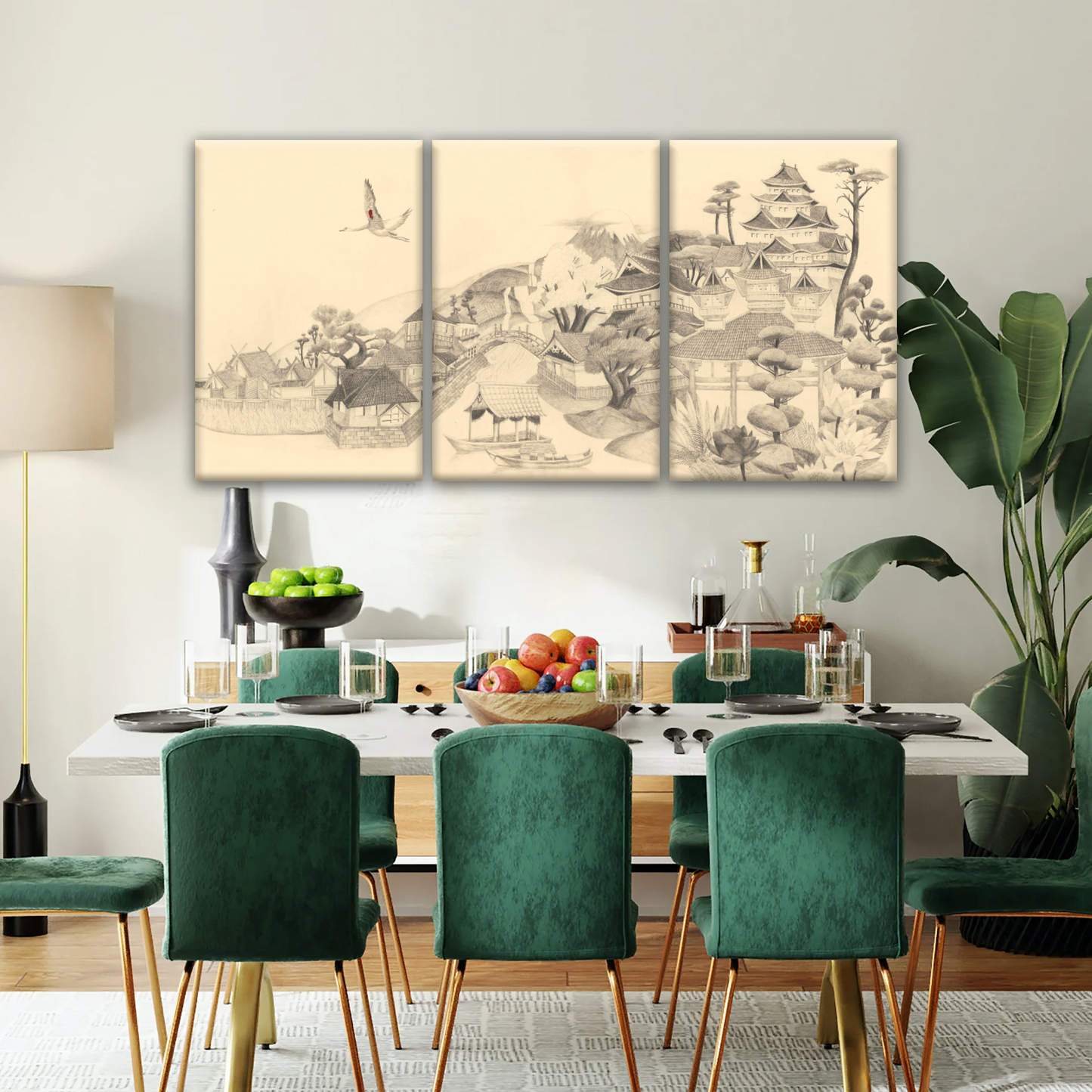 Sketch Of Houses And Pagoda With Trees Near Mountains Framed Wall Art
