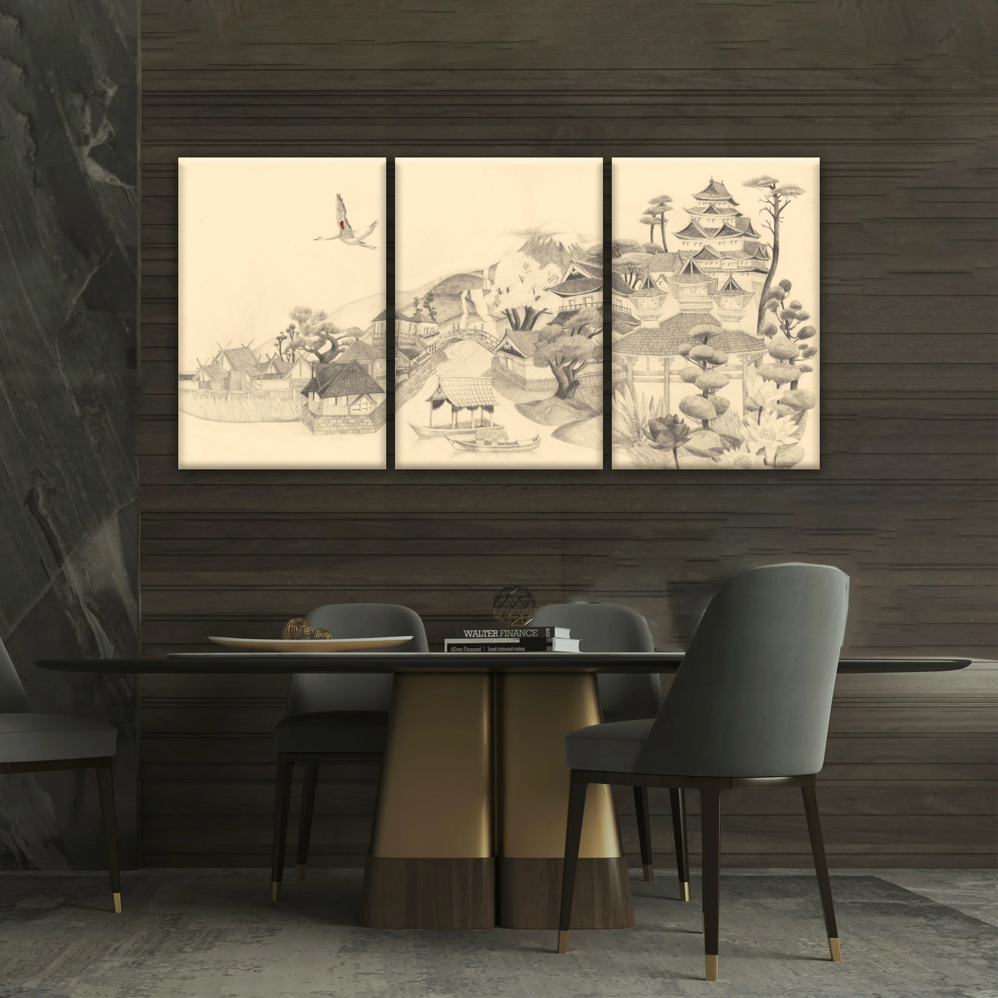 Sketch Of Houses And Pagoda With Trees Near Mountains Framed Wall Art