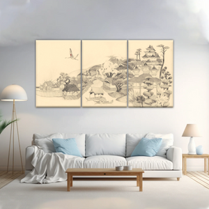 Sketch Of Houses And Pagoda With Trees Near Mountains Framed Wall Art