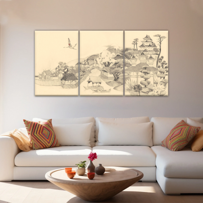 Sketch Of Houses And Pagoda With Trees Near Mountains Framed Wall Art