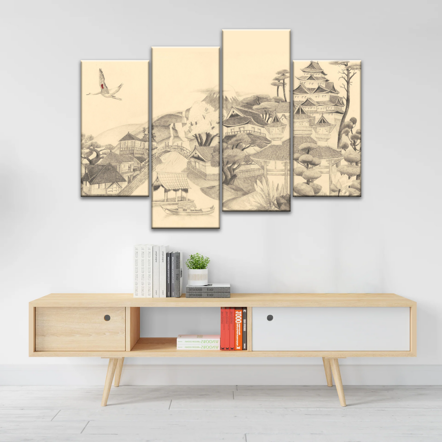 Sketch Of Houses And Pagoda With Trees Near Mountains Framed Wall Art